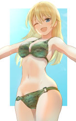 Rule 34 | 1girl, alice gear aegis, bikini, blue eyes, border, breasts, camouflage, camouflage bikini, groin, hair between eyes, highres, light blush, long hair, looking at viewer, medium breasts, motsunukisuki, navel, one eye closed, outside border, outstretched arms, skindentation, smile, solo, spread arms, swimsuit, thighs, virginia glynnberets, wet, white border