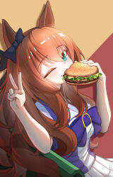 1girl absurdres animal_ears aqua_eyes black_bow bow breasts brown_hair burger ear_bow food food_in_mouth from_side hair_between_eyes hair_bow highres hiroto_xiangshaozhu holding holding_food horse_ears horse_girl large_breasts long_hair looking_at_viewer maruzensky_(umamusume) one_eye_closed sitting solo umamusume v