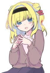 Rule 34 | 1girl, alternate costume, black hairband, blonde hair, blouse, blue eyes, blue skirt, blush, bow, brown sweater, casual, chitose sana, double bun, female focus, flat chest, gattengou, hair bow, hair bun, hairband, half-closed eyes, hands up, happy, highres, long sleeves, looking at viewer, medium hair, open mouth, pink shirt, red bow, shirt, sidelocks, simple background, sketch, skirt, smile, solo, steepled fingers, sweater, tenshinranman, upper body, white background