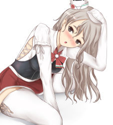 Rule 34 | 10s, 1girl, black eyes, blush, bow, bowtie, breasts, corset, eyebrows, grey hair, hand on own head, hat, kantai collection, long hair, looking at viewer, mini hat, miniskirt, pola (kancolle), red bow, red bowtie, shi zao, shirt, shu00ed zu01ceo, simple background, skirt, solo, wavy hair, white background, white legwear, white shirt
