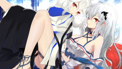 Rule 34 | 2girls, ahoge, all fours, arknights, bare legs, bare shoulders, belt, black choker, black dress, blue background, blue bow, blue hood, blue ribbon, blue shorts, bow, breasts, cape, choker, cleavage, collarbone, commentary, cross, cross-laced sandals, cross necklace, denim, denim shorts, dress, feet out of frame, foot out of frame, from side, grey hair, hair between eyes, highres, hood, hood down, hooded cape, jewelry, large breasts, long bangs, long dress, long hair, looking at viewer, looking to the side, lying, midriff, multiple girls, navel, necklace, off-shoulder shirt, off shoulder, official alternate costume, on back, orca hair ornament, outstretched arm, parted lips, pleated dress, pointy nose, polka dot, polka dot bow, red eyes, ribbon, sandals, shirt, short shorts, shorts, sidelocks, sideways glance, skadi (arknights), skadi (waverider) (arknights), smile, specter (arknights), specter (undercurrent) (arknights), strap, thigh strap, tudili, white belt, white hair, white hood, white shirt, yuri