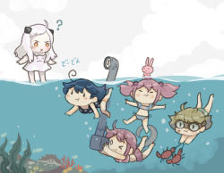 Rule 34 | 5girls, ?, abyssal ship, ahoge, akebono (kancolle), animal, bandaid, bandaid on face, bikini, black hair, black one-piece swimsuit, blue bikini, blush stickers, closed mouth, colored skin, crab, dress, goggles, hair bobbles, hair ornament, horns, kantai collection, light brown hair, long hair, multiple girls, northern little sister, oboro (kancolle), one-piece swimsuit, one eye closed, pink hair, polka dot, polka dot swimsuit, purple bikini, purple hair, rabbit, saiguchi otoufu, sazanami (kancolle), short hair, side ponytail, swimsuit, twintails, ushio (kancolle), white dress, white hair, white skin, yellow eyes