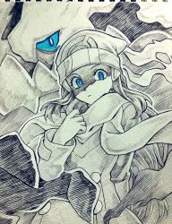 Rule 34 | 1girl, arm behind back, beanie, blue eyes, buttons, closed mouth, coat, commentary, creatures (company), darkrai, dawn (pokemon), eyelashes, floating scarf, game freak, gen 4 pokemon, hair ornament, hairclip, hat, highres, legendary pokemon, long hair, long sleeves, looking at viewer, mythical pokemon, nintendo, pokemon, pokemon (creature), pokemon dppt, pokemon platinum, ryuusei (trickster), scarf, spot color