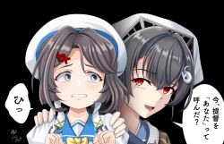 Rule 34 | 2girls, black background, black hair, clenched teeth, dress, grey eyes, hair between eyes, hair ornament, hairclip, hat, jingei (kancolle), kaiboukan no. 30 (kancolle), kantai collection, long hair, multiple girls, open mouth, red eyes, revision, sailor dress, sailor hat, short hair, simple background, speech bubble, teeth, tk8d32, translation request, white dress, white headwear, x hair ornament