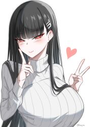 Rule 34 | 1girl, absurdres, black hair, blue archive, blush, breasts, bright pupils, commentary, finger to cheek, hair ornament, hairclip, heart, highres, large breasts, long hair, panvyru, red eyes, ribbed sweater, rio (blue archive), solo, sweater, symbol-only commentary, turtleneck, turtleneck sweater, v, white pupils, white sweater