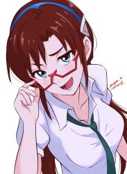 Rule 34 | 1girl, absurdres, adjusting eyewear, blue hairband, blush, brown hair, collared shirt, commentary request, dated, evangelion: 2.0 you can (not) advance, glasses, green eyes, green necktie, hairband, highres, low twintails, lower teeth only, makinami mari illustrious, necktie, neon genesis evangelion, open mouth, rebuild of evangelion, red-framed eyewear, school uniform, semi-rimless eyewear, shirt, short sleeves, signature, simple background, smile, solo, teeth, tsunemoku, twintails, upper body, white background, white shirt