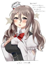 Rule 34 | 1girl, absurdres, alternate hair length, alternate hairstyle, bow, bowtie, brown eyes, commentary request, corset, cropped torso, grey hair, hat, highres, kantai collection, mini hat, pola (kancolle), red bow, red bowtie, shirt, solo, star (symbol), tilted headwear, toriniku senshi chikinman, translation request, twintails, upper body, wavy hair, white background, white shirt