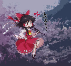 Rule 34 | 1girl, anger vein, angry, ascot, black hair, bow, detached sleeves, female focus, flying, gohei, hair bow, hair tubes, hakurei reimu, hand on own hip, hip focus, japanese clothes, mary janes, mecco, miko, night, red eyes, shoes, short hair, solo, touhou