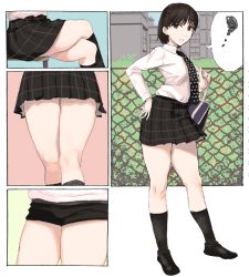 Rule 34 | 1girl, ankle socks, bag, brown eyes, brown hair, chain-link fence, fence, hand on own hip, loafers, micro shorts, multiple views, necktie, ogros, original, school bag, school uniform, shirt, shoes, shorts, sitting, skirt, socks, thick thighs, thighs