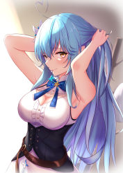 Rule 34 | 1girl, adjusting hair, ahoge, armpits, arms up, belt, blouse, blue hair, blue ribbon, bow, breasts, bustier, cleavage, cleavage cutout, clothing cutout, cocoablue23, flower, hair flower, hair ornament, hair tie in mouth, hair undone, hat rack, heart, heart ahoge, highres, hololive, large breasts, long hair, looking at viewer, mouth hold, no headwear, no headwear, no jacket, pink eyes, pointy ears, ribbon, shirt, sidelocks, skirt, smile, snowflake hair ornament, solo, star (symbol), tying hair, very long hair, virtual youtuber, white shirt, white skirt, yukihana lamy
