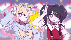 Rule 34 | &gt; o, + +, 2girls, ;d, ame-chan (needy girl overdose), black hair, black ribbon, blonde hair, blue bow, blue eyes, blue hair, blue shirt, blurry, blurry background, bow, chouzetsusaikawa tenshi-chan, collared shirt, confetti, dual persona, hair bow, hair ornament, hair over one eye, hand up, highres, long hair, long sleeves, looking at viewer, mesmerizer (vocaloid), mika (mika tan002), multicolored hair, multiple girls, neck ribbon, needy girl overdose, one eye closed, open mouth, outline, parody, pink bow, pink hair, purple bow, quad tails, red eyes, red shirt, ribbon, sailor collar, salute, shirt, smile, suspenders, twintails, two-finger salute, upper body, x hair ornament