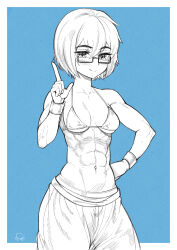 Rule 34 | 1girl, abs, absurdres, bikini, bikini top only, blue background, blush, breasts, closed mouth, cowboy shot, greyscale with colored background, hair between eyes, highres, medium breasts, muscular, muscular female, navel, original, rectangular eyewear, short hair, smile, solo, speedl00ver, swimsuit