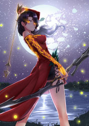 Rule 34 | 1girl, adsouto, arrow (projectile), artist name, bare shoulders, black hair, bow (weapon), breasts, bridal gauntlets, broken moon, cinder fall, commentary, dress, english commentary, fireflies, from behind, glowing, glowing eyes, hair over one eye, highres, holding, holding bow (weapon), holding weapon, lake, legs apart, long hair, looking at viewer, looking back, medium breasts, moon, night, outdoors, red dress, rwby, side slit, sky, smile, solo, standing, star (sky), starry sky, water, weapon, wind, yellow eyes