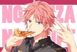 Rule 34 | 1boy, blue eyes, bracelet, collared shirt, commentary request, dino albani, fingernails, food, food in mouth, hands up, helios rising heroes, highres, holding, holding food, holding pizza, jewelry, looking at viewer, male focus, open collar, partial commentary, pink hair, pizza, pizza slice, sekina, shirt, short hair, solo, teeth