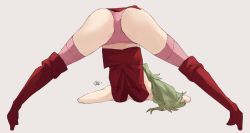 Rule 34 | 1girl, arm rest, ass, boots, breasts, cleavage, closed mouth, dress, fire emblem, fire emblem: mystery of the emblem, fire emblem awakening, flexible, full body, green hair, hands on ground, highres, jack-o&#039; challenge, jewelry, long hair, meme, nintendo, panties, pelvic curtain, pink panties, pointy ears, sakuremi, simple background, solo, spread legs, stone, stretching, thighhighs, thighs, tiara, tiki (adult) (fire emblem), tiki (fire emblem), top-down bottom-up, underwear, white background, wide spread legs