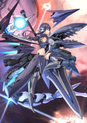 Rule 34 | 1girl, alice gear aegis, black hair, blue eyes, braid, breasts, covered navel, energy ball, explosion, flying, from side, glasses, glowing, glowing eye, highres, holding, holding lance, holding polearm, holding weapon, huge weapon, lance, leotard, looking at viewer, mecha musume, medium breasts, messy (efuya), open mouth, original, polearm, red eyes, robot, science fiction, sharp teeth, skin tight, solo, space, space station, teeth, weapon