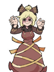 Rule 34 | 1girl, :&gt;, black bow, blonde hair, bow, breasts, brown dress, brown eyes, closed mouth, commentary, dress, eddybird55555, english commentary, hair bow, highres, kurodani yamame, long sleeves, medium breasts, short hair, simple background, smile, solo, touhou, vanripper (style), white background