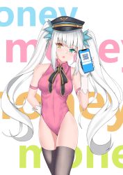 Rule 34 | 1girl, :o, ansauce, aqua eyes, arm strap, arms behind back, bare shoulders, black hat, black ribbon, black thighhighs, breasts, cellphone, commentary request, cowboy shot, gloves, gold trim, hand up, hat, head tilt, heterochromia, highres, holding, holding phone, kagura gumi, kagura mea, leotard, long hair, looking at viewer, medium breasts, neck ribbon, open mouth, orange eyes, peaked cap, phone, pink leotard, qr code, ribbed leotard, ribbon, sidelocks, silver hair, skindentation, smartphone, solo, standing, thighhighs, thighs, twintails, very long hair, virtual youtuber, white background, white gloves, wing collar
