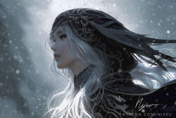 Rule 34 | 1girl, ashe (league of legends), blue eyes, cape, floating hair, hood, hood up, hooded cape, league of legends, looking afar, looking ahead, nixeu, parted lips, signature, snow, snowing, white hair