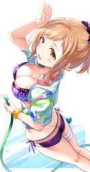 Rule 34 | 1girl, absurdres, ass, bikini, blush, breasts, brown eyes, butt crack, cleavage, commentary request, from above, from behind, hair ornament, headphones, headphones around neck, highres, holding, idolmaster, idolmaster shiny colors, kijibato 123-gou, light brown hair, long hair, looking at viewer, medium breasts, open mouth, purple bikini, sakuragi mano, smile, solo, standing, swimsuit