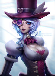 Rule 34 | 1girl, blue eyes, blue hair, breasts, cleavage, corset, female focus, gradient background, hat, large breasts, lipstick, long hair, looking at viewer, makeup, matching hair/eyes, mole, mole under mouth, monocle, original, smile, solo, steampunk, zeronis