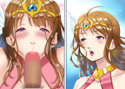 Rule 34 | 1girl, :&gt;=, ahoge, bare shoulders, blue background, blush, brown hair, censored, embarrassed, feathers, fellatio, half-closed eyes, heart, heart-shaped pupils, highres, long hair, mosaic censoring, multiple views, nose, nostrils, ochiyo-san, open mouth, oral, original, out of frame, penis, pov, pubic hair, purple eyes, simple background, symbol-shaped pupils, tiara, upper body