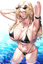 Rule 34 | 1girl, absurdres, alternate breast size, alternate costume, armpits, arms behind head, arms up, bikini, black bikini, blonde hair, blue eyes, eyewear on head, highres, hornet (kancolle), jewelry, kantai collection, kome cola, long hair, multi-strapped bikini, navel, necklace, o-ring, o-ring bikini, o-ring bottom, o-ring top, open mouth, partially submerged, solo, standing, sunglasses, swimsuit