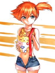 Rule 34 | 1girl, bare shoulders, blue eyes, creatures (company), fumio (rsqkr), game freak, gen 2 pokemon, head, midriff, misty (pokemon), navel, nintendo, no panties, open clothes, open fly, open shorts, orange hair, pokemon, pokemon (anime), pokemon (creature), short hair, short shorts, shorts, side ponytail, suspenders, togepi, unzipped
