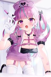 Rule 34 | 1girl, ahoge, bandaid, bandaid on arm, black footwear, blue hair, blush, breasts, chest harness, cleavage, colored inner hair, dress, gloves, harness, hat, highres, holding, holding syringe, hololive, large breasts, looking at viewer, minato aqua, multicolored hair, nurse, nurse cap, pink dress, pink garter straps, pink hair, pink headwear, purple eyes, shoes, syringe, tachanakyo, thighhighs, twintails, two-tone hair, virtual youtuber, white gloves, white thighhighs