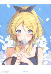 Rule 34 | 1girl, 6u (eternal land), absurdres, aqua nails, ayase eli, bare shoulders, blonde hair, blue background, blue eyes, blush, bow, character name, fingernails, flower, hair bow, highres, holding, huge filesize, long hair, looking at viewer, love live!, love live! school idol project, nail polish, petals, ponytail, scan, solo, upper body