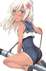 Rule 34 | 10s, 1girl, ass, between legs, blonde hair, blue eyes, blush, crop top, flower, from behind, hair flower, hair ornament, kantai collection, long hair, looking at viewer, looking back, one-piece swimsuit, one-piece tan, open mouth, ro-500 (kancolle), sailor collar, school swimsuit, sitting, solo, swimsuit, swimsuit under clothes, tan, tanline, tomozo kaoru, torpedo