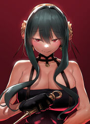 Rule 34 | 1girl, absurdres, bangkkii, bare shoulders, black dress, black gloves, black hair, blush, breasts, cleavage, curvy, dagger, dress, earrings, gloves, gold earrings, gold hairband, hairband, highres, holding, holding dagger, holding knife, holding weapon, jewelry, knife, korean commentary, large breasts, long hair, looking at viewer, red background, red eyes, simple background, smile, solo, spy x family, weapon, yor briar