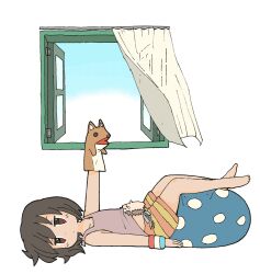 Rule 34 | 1girl, animal, bare shoulders, barefoot, black hair, blue sky, blush, brown eyes, closed mouth, cloud, commentary request, curtains, day, hand puppet, hedgehog, hedgehog girl (yukimoto shuuji (gurigura)), highres, looking at viewer, looking to the side, lying, on back, open window, original, outstretched arm, polka dot, puppet, purple tank top, shorts, simple background, sky, solo, striped clothes, striped shorts, sweatband, tank top, white background, window, wristband, yukimoto shuuji (gurigura)