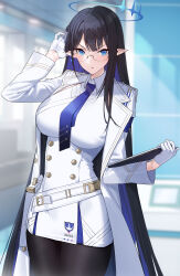 Rule 34 | 1girl, armband, belt, black hair, blue archive, blue eyes, blue hair, blue necktie, blurry, blurry background, breasts, clipboard, coat, collared dress, colored inner hair, desert eagle, dress, glasses, gloves, gun, halo, hand in own hair, hand up, handgun, highres, holding, holding clipboard, holding notepad, holster, indoors, jacket, large breasts, long hair, looking at viewer, multicolored hair, necktie, notepad, pantyhose, pointy ears, raitho, rin (blue archive), solo, standing, two-tone hair, very long hair, weapon, white belt, white coat, white dress, white gloves, white jacket, white uniform