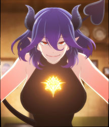 Rule 34 | 1girl, anime screenshot, breasts, demon girl, demon horns, demon tail, highres, horns, interior, kinsou no vermeil, large breasts, looking at viewer, purple hair, red eyes, smile, solo, stitched, tail, third-party edit, vermeil (kinsou no vermeil)