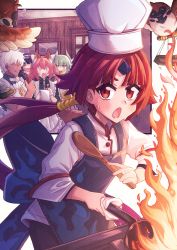 Rule 34 | 021 shiro, 1boy, 4girls, absurdres, animal ears, apron, archer (fate), benienma (fate), bird, brown hair, chef hat, chef, cooking, dark skin, dark-skinned male, fate/grand order, fate (series), fire, fox ears, green hair, hat, highres, huge filesize, kiyohime (fate), multiple girls, nib pen (medium), notepad, osakabehime (fate), pink hair, sparrow, taking notes, tamamo (fate), tamamo no mae (fate/extra), thumbs up, traditional media, white hair
