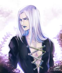 Rule 34 | 1boy, artist name, bare pectorals, blue lips, hat, highres, jojo no kimyou na bouken, leone abbacchio, lipstick, long hair, looking to the side, makeup, male focus, nyapapa, pectorals, plant, purple eyes, signature, silver hair, solo, upper body