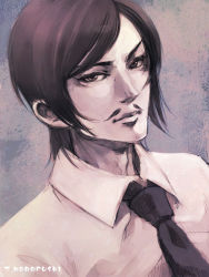 Rule 34 | 1boy, black hair, black necktie, character name, closed mouth, collared shirt, commentary request, facial hair, lips, looking at viewer, makoto1009, male focus, meitantei conan, morofushi takaaki, mustache, necktie, shirt, short hair, sketch, solo, swept bangs, upper body, white shirt