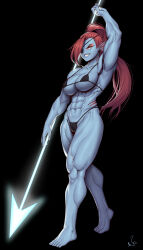 Rule 34 | 1girl, abs, absurdres, barefoot, bikini, blue skin, breasts, colored skin, eyepatch, eyeshadow, female focus, fish girl, full body, gills, highres, large breasts, long hair, looking at viewer, makeup, muscular, muscular female, no nose, polearm, ponytail, red hair, solo, spear, speedl00ver, swimsuit, undertale, undyne, weapon, yellow eyes
