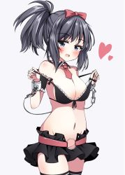 Rule 34 | 1girl, armband, belt, black bra, black thighhighs, blue eyes, blush, bow, bra, bra pull, breasts, cleavage, clothes pull, cowboy shot, cuffs, detached collar, frilled armband, frilled bra, frills, grey background, groin, hair bow, half-closed eyes, heart, highres, kunihiro hajime, looking at viewer, medium breasts, medium hair, microskirt, navel, necktie, no panties, pink belt, ponytail, pulled by self, red bow, red necktie, revealing clothes, saki (manga), shackles, sidelocks, simple background, skirt, solo, standing, star tattoo, tattoo, thighhighs, trista (makkoivenus), underwear, wing collar