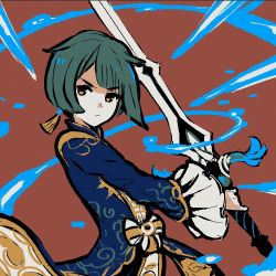 Rule 34 | 1boy, akairiot, brown background, brown eyes, genshin impact, green hair, holding, holding sword, holding weapon, long sleeves, looking at viewer, short hair, solo, sword, weapon, xingqiu (genshin impact)