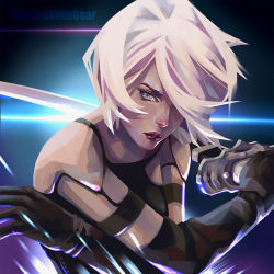 Rule 34 | 1girl, android, armlet, artist name, black gloves, blue eyes, elbow gloves, gloves, holding, holding sword, holding weapon, joints, mole, mole under mouth, nier (series), nier:automata, reverse grip, robot joints, sarajean chung, short hair, silver hair, solo, sword, tank top, weapon, a2 (nier:automata)