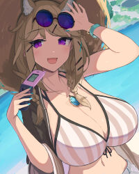 Rule 34 | 1girl, 8ka43, animal ear fluff, animal ears, aqua nails, arknights, breasts, brown hair, collarbone, dutch angle, eyewear on head, hat, highres, holding, holding phone, jewelry, large breasts, medium hair, necklace, open mouth, outdoors, phone, round eyewear, sidelocks, slit pupils, solo, sun hat, swimsuit, upper body, utage (arknights), utage (summer flowers) (arknights)
