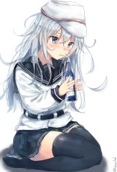 Rule 34 | 10s, 1girl, belt, black thighhighs, blue eyes, bottle, commentary request, drinking, drinking straw, flat cap, hair between eyes, hat, hibiki (kancolle), highres, holding, kantai collection, karo-chan, long hair, long sleeves, messy hair, mouth hold, pleated skirt, school uniform, serafuku, silver hair, sitting, skirt, solo, straw (stalk), thighhighs, twitter username, verniy (kancolle), white hat