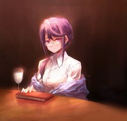 Rule 34 | 1girl, book, chinese commentary, closed mouth, collared shirt, commentary request, cup, dress shirt, drinking glass, expressionless, glasses, highres, hoshimi junna, indoors, light particles, long hair, looking at viewer, mulangfang, purple eyes, purple hair, shawl, shirt, shoujo kageki revue starlight, solo, upper body, white shirt, wine glass