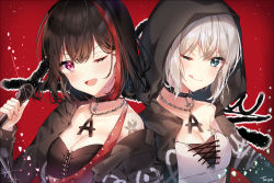 Rule 34 | 2girls, ;), aoba moca, bad id, bad pixiv id, bang dream!, black hair, black jacket, blue eyes, blush, bob cut, body markings, breasts, choker, cleavage, collarbone, crop top, glint, grey hair, hair between eyes, head tilt, holding, holding microphone, hood, hood up, hooded jacket, jacket, jewelry, licking lips, light particles, long sleeves, looking at viewer, medium breasts, microphone, mitake ran, multicolored hair, multiple girls, necklace, off shoulder, one eye closed, open clothes, open jacket, open mouth, purple eyes, red hair, short hair, sidelocks, signature, smile, sparkle, streaked hair, taya oco, teeth, tongue, tongue out, upper body, upper teeth only