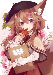 Rule 34 | 1girl, :3, animal ear fluff, animal ears, beret, brown hair, capelet, english text, floral background, flower, food, fox ears, fox tail, fruit, gradient background, grapes, hair between eyes, hair flower, hair ornament, hairclip, hat, holding, holding leaf, lace, leaf, long hair, long sleeves, looking at viewer, low twintails, maple leaf, neck ribbon, original, petals, purple eyes, red ribbon, ribbon, shirt, shugao, sketchbook, skirt, smile, solo, tail, twintails, white shirt