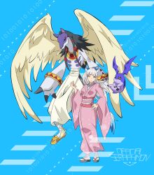 Rule 34 | absurdres, anubimon, digimon, digimon (creature), highres, long hair, looking at viewer, official seraphimon, original, tukaimon, white hair, wings