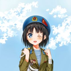 Rule 34 | 1girl, :d, bandages, beret, black hair, blue eyes, blue hat, clenched hands, cloud, commentary, day, hat, injury, insignia, jacket, kantoku (style), medal, military, military jacket, military uniform, one-eyed, open mouth, original, phanc, red star, scar, shirt, short hair, sky, smile, soldier, solo, soviet, star (symbol), stitches, striped clothes, striped shirt, telnyashka, uniform, vdv