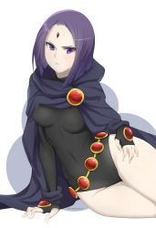 Rule 34 | 1girl, :&lt;, animification, arm support, bad id, bad pixiv id, belt, belt skirt, black gloves, blush, bob cut, breasts, cape, covered navel, dc comics, fingerless gloves, forehead jewel, gloves, hand on own thigh, highres, hip focus, leotard, looking at viewer, pale skin, purple eyes, purple hair, raven (dc), reclining, short hair, signature, simple background, solo, stormcow, superhero costume, teen titans, thighs, turtleneck, white background